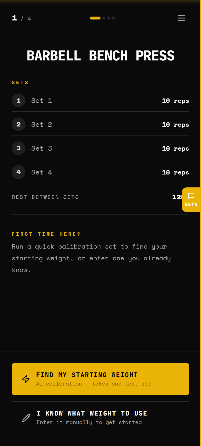 Exercise detail in the GainBlocks muscle building app — every set mapped, with AI calibration to find your starting weight