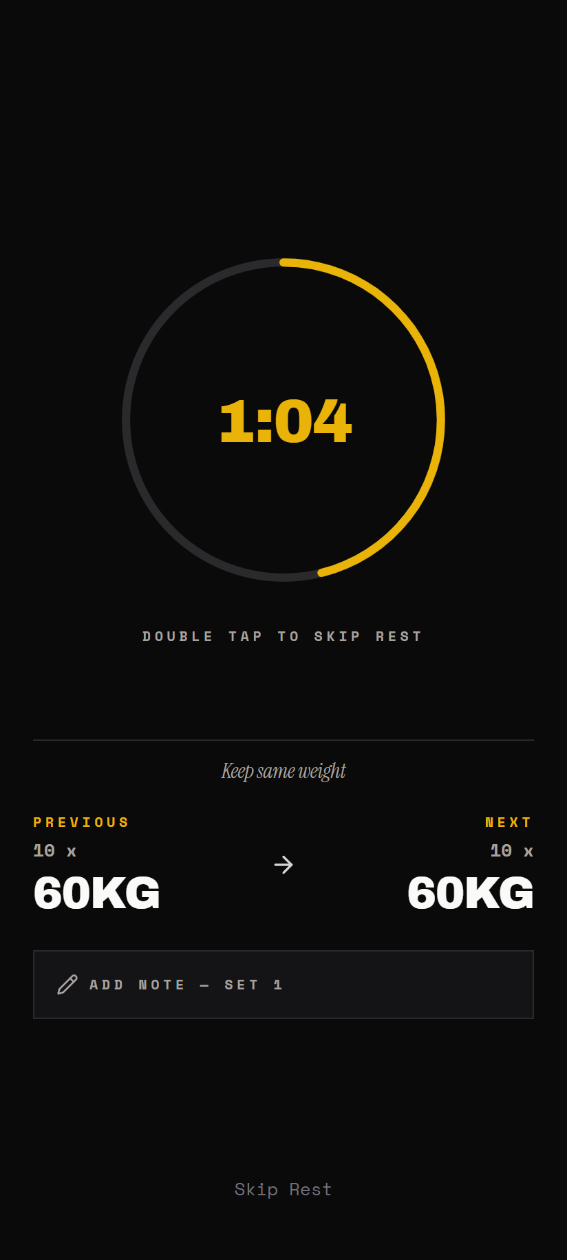 Rest timer lining up the next weight — progressive overload calculated between sets