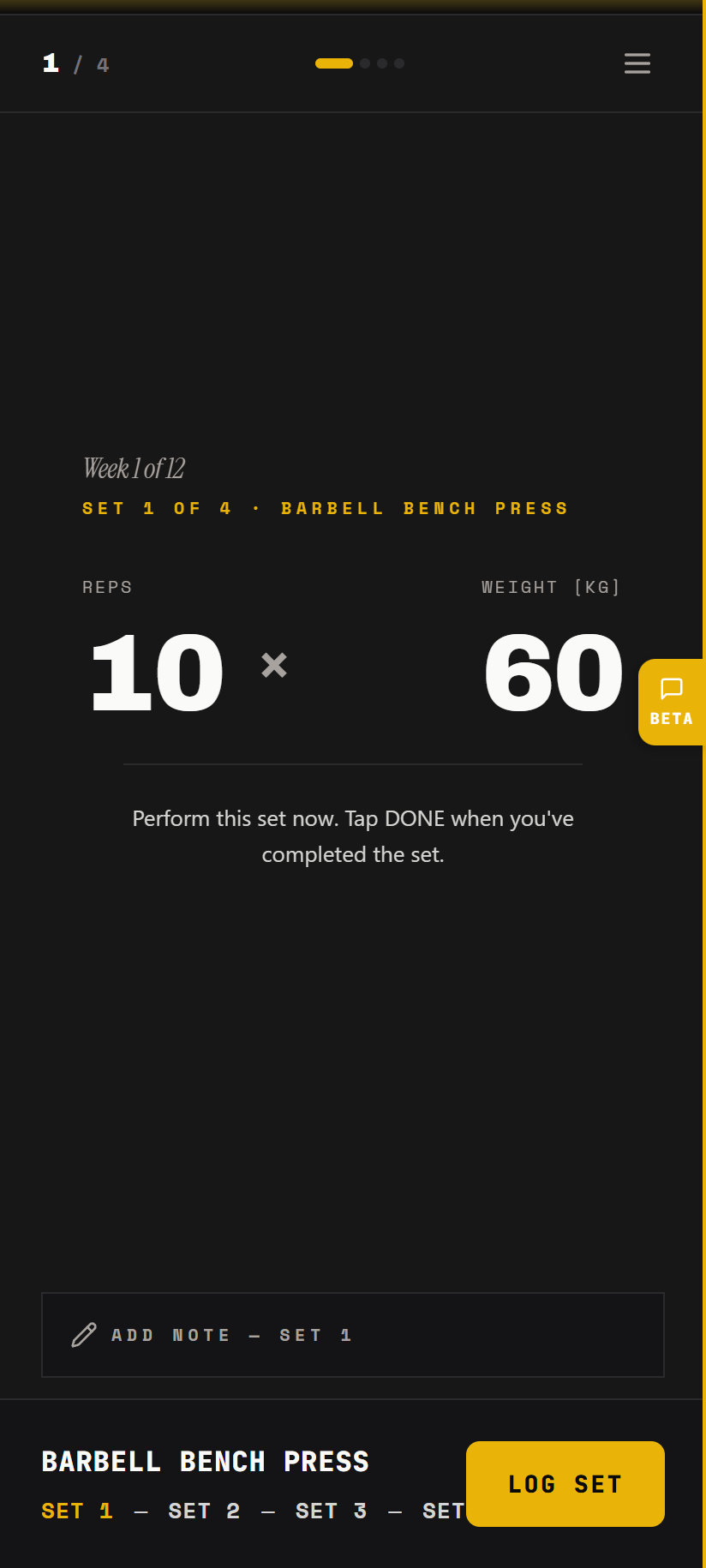 Live workout mode — one clean screen with reps, weight and Log Set button