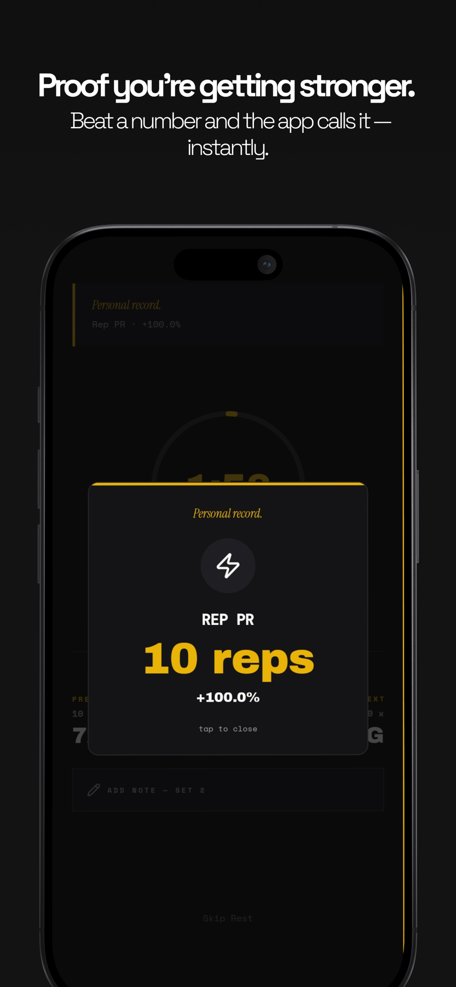 Personal record detected automatically — rep PR celebration in GainBlocks