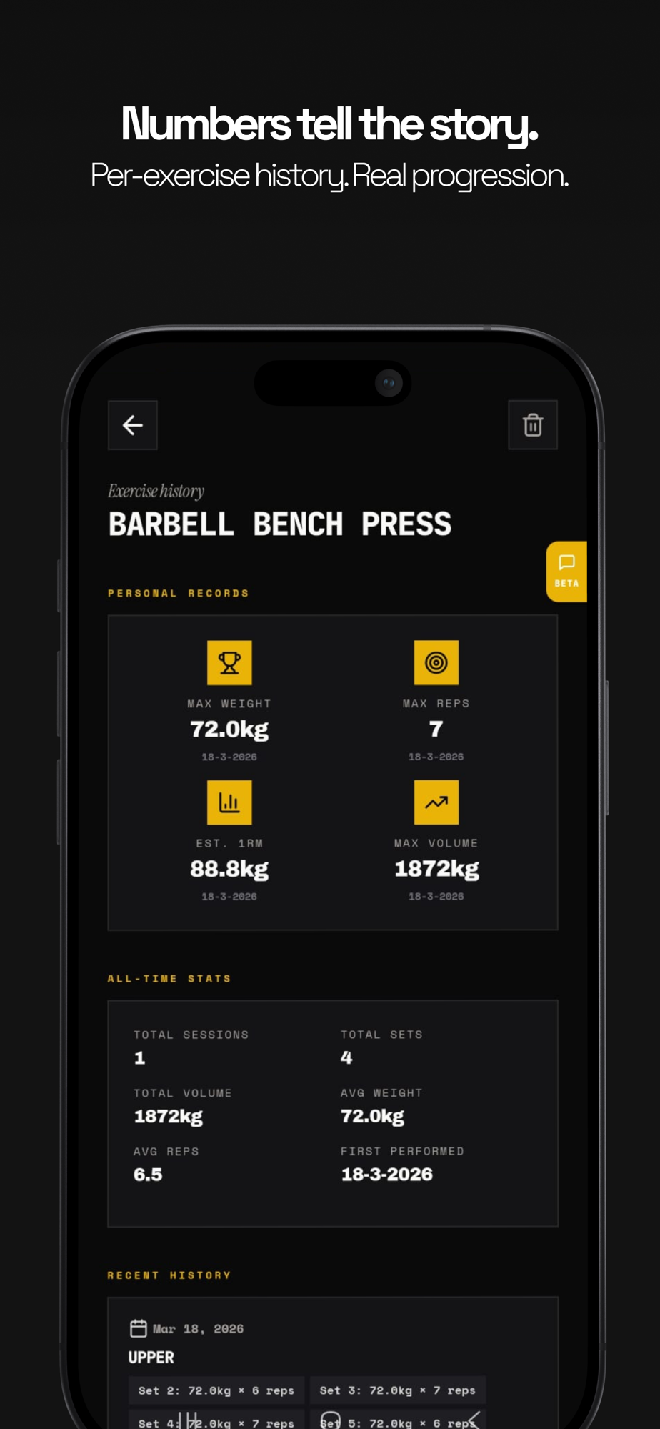 Per-exercise history with max weight, estimated 1RM and volume — gym progress tracking